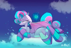 Size: 2500x1681 | Tagged: safe, artist:madragon, derpibooru import, oc, oc:sweetie swirl, bat pony, alcohol, bat pony oc, bat wings, clothes, cloud, commission, hoof hold, image, lidded eyes, lying down, martini, one wing out, png, sky, socks, stars, stockings, striped socks, thigh highs, wings, ych result
