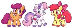 Size: 2409x941 | Tagged: safe, artist:raystarkitty, derpibooru import, apple bloom, scootaloo, sweetie belle, earth pony, pegasus, pony, unicorn, cutie mark crusaders, female, filly, foal, g4, image, open mouth, open smile, outline, plushie, png, simple background, smiling, transparent background, trio, trio female, white outline