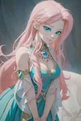 Size: 1024x1536 | Tagged: safe, ai content, derpibooru import, machine learning generated, fluttershy, human, beautiful, beautiful eyes, breasts, bust, busty fluttershy, cleavage, clothes, cute, detached sleeves, dress, female, g4, gem, humanized, image, jewelry, jpeg, long hair, necklace, prompter:sammykun, shyabetes, solo