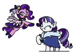 Size: 1800x1350 | Tagged: safe, artist:flutterluv, derpibooru import, pipp petals, rarity, pegasus, pony, unicorn, g5, cloak, clothes, dress, duo, eyes closed, female, flying, image, jpeg, looking back, mare, older, older rarity, open mouth, open smile, pipp and her heroine, raised hoof, simple background, smiling, white background