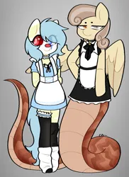 Size: 1171x1605 | Tagged: safe, alternate version, artist:circusartt, derpibooru import, oc, oc:cirsis, oc:peach blossom, unofficial characters only, anthro, earth pony, lamia, original species, pony, arm behind back, clothes, digital art, duo, duo female, female, glass eye, hair over one eye, heterochromia, hoof on hip, image, maid, mare, png, socks, stockings, thigh highs, wings