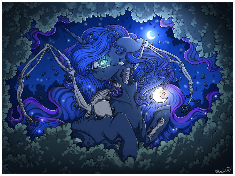 Size: 1280x960 | Tagged: semi-grimdark, artist:binibean, derpibooru import, princess luna, alicorn, pony, undead, bone, crescent moon, female, floppy ears, glow, glowing eyes, image, looking at you, mare, moon, night, png, skeleton, solo