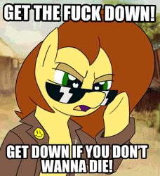 Size: 875x960 | Tagged: safe, ponerpics import, ponybooru import, oc, oc:postal mare, ponified, earth pony, pony, clothes, female, gif, image, jacket, mare, meme, postal, postal 2, postal dude, running with scissors, species swap, sunglasses, text, threat, video game, video game reference, vulgar