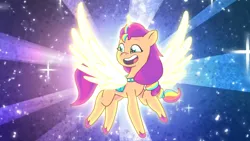 Size: 3072x1727 | Tagged: safe, derpibooru import, screencap, sunny starscout, alicorn, pony, g5, my little pony: a new generation, my little pony: tell your tale, spoiler:g5, spoiler:my little pony: tell your tale, spoiler:tyts01e67, cute, female, image, jpeg, mare, open mouth, open smile, race swap, smiling, solo, spread wings, starry eyes, sunnybetes, sunnycorn, the rise and fall, wingding eyes, wings