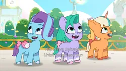 Size: 3072x1727 | Tagged: safe, derpibooru import, screencap, earth pony, pegasus, pony, unicorn, g5, my little pony: tell your tale, spoiler:g5, spoiler:my little pony: tell your tale, spoiler:tyts01e67, female, filly, foal, glory (g5), image, jpeg, open mouth, open smile, peach fizz, pippsqueak trio, seashell (g5), smiling, the rise and fall, trio, trio female