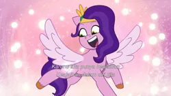 Size: 3072x1727 | Tagged: safe, derpibooru import, screencap, pipp petals, pegasus, pony, g5, my little pony: tell your tale, spoiler:g5, spoiler:my little pony: tell your tale, spoiler:tyts01e67, cutie mark, female, flying, image, jpeg, mare, open mouth, open smile, smiling, solo, spread wings, the rise and fall, wings