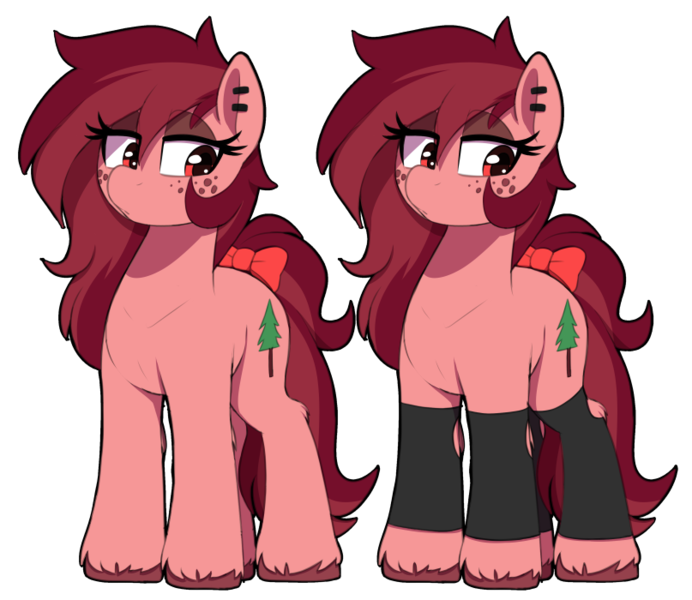Size: 807x700 | Tagged: safe, artist:thebatfang, ponerpics import, oc, oc:red woods, earth pony, pony, bow, ear piercing, earring, eyeshadow, female, freckles, hockless socks, image, jewelry, leg warmers, makeup, mare, piercing, png, reference, simple background, solo, tail bow, transparent background, unshorn fetlocks