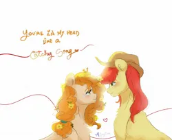 Size: 1900x1554 | Tagged: safe, artist:mikkybun, derpibooru import, bright mac, pear butter, earth pony, pony, blushing, brightbutter, buttercup, female, flower, flower in hair, image, jpeg, looking at each other, looking at someone, looking into each others eyes, male, mare, shipping, simple background, stallion, straight, text, white background