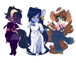 Size: 2835x2339 | Tagged: safe, artist:tolsticot, derpibooru import, oc, oc:bea, oc:mabel, unofficial characters only, anthro, bat pony, pegasus, pony, unguligrade anthro, ass, bat pony oc, bat wings, bedroom eyes, butt, choker, clothes, coat markings, dress, eyebrows, eyebrows visible through hair, female, fishnets, floppy ears, freckles, hair over one eye, hoodie, hot pants, image, laurel, looking at you, looking back, mare, overalls, png, side slit, simple background, smiling, smiling at you, socks, spiked choker, stockings, thigh highs, trio, white background, wings