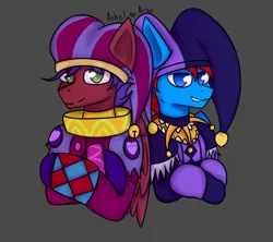 Size: 3083x2735 | Tagged: safe, artist:ashel_aras, derpibooru import, oc, oc:kladro, oc:vodorod, unofficial characters only, pegasus, pony, clothes, commission, costume, duo, hat, image, jester hat, jester outfit, png