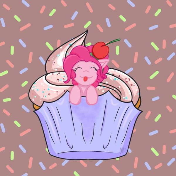 Size: 1024x1024 | Tagged: safe, artist:jadewolfart69, derpibooru import, pinkie pie, pony, cherry, cupcake, eyes closed, female, food, fruit, g4, image, jpeg, solo, sprinkles