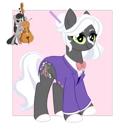 Size: 2400x2400 | Tagged: safe, artist:cckittycreative, derpibooru import, octavia melody, oc, earth pony, pony, alternate design, bipedal, bowtie, cello, clothes, female, hair bun, high res, image, jacket, mare, musical instrument, png, simple background, smiling, solo, transparent background, twitterina design