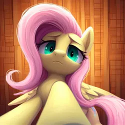 Size: 1024x1024 | Tagged: safe, ai content, derpibooru import, machine learning generated, fluttershy, pegasus, pony, female, g4, generator:dall-e 3, image, jpeg, looking at you, looking down, looking down at you, looming, looming over, low angle, mare, offscreen character, pov, solo