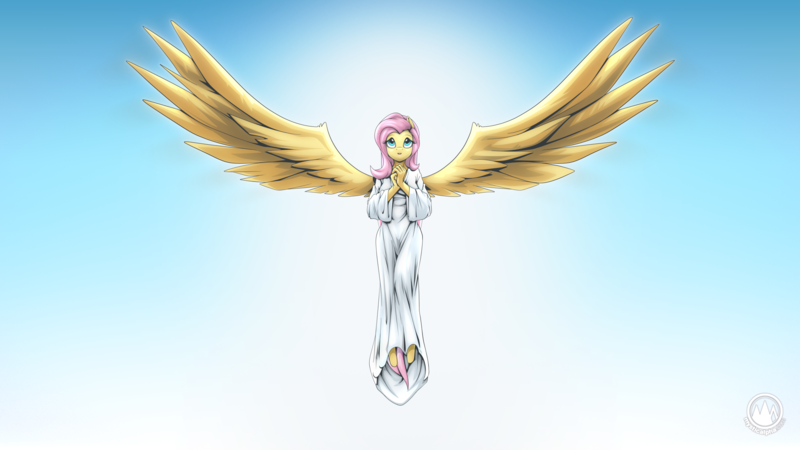 Size: 2560x1440 | Tagged: safe, artist:mysticalpha, derpibooru import, fluttershy, anthro, pegasus, pony, unguligrade anthro, angel, angelic wings, clothes, female, flying, hands together, image, looking up, mare, png, robes, solo, spread wings, wings