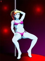 Size: 3100x4200 | Tagged: suggestive, alternate version, artist:cletus222, derpibooru import, part of a set, rainbow dash, human, equestria girls, bra, clothes, dancing, feet, female, image, looking at you, money, panties, png, pole dancing, ponytail, solo, solo female, stage, stripper pole, striptease, stupid sexy rainbow dash, tube, underwear