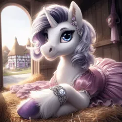 Size: 1024x1024 | Tagged: safe, ai content, machine learning generated, ponerpics import, ponybooru import, rarity, pony, unicorn, alternate eye color, alternate hairstyle, bing, clothed ponies, clothes, dress, female, fluffy, hay, heterochromia, hoers, hoof polish, image, jewelry, jpeg, leg fluff, looking at you, mare, pink dress, ponyville, prone, solo, unshorn fetlocks