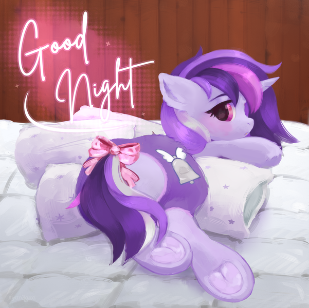 Size: 3616x3608 | Tagged: safe, artist:syunkaaa, derpibooru import, oc, unicorn, bow, butt, comfy, commission, cute, goodnight, hair bow, hooves, horn, image, looking at you, looking back, looking back at you, pillow, plot, png, sleepy, solo, tail, tail bow, underhoof, unicorn oc