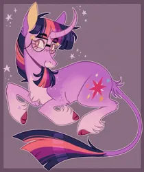 Size: 991x1177 | Tagged: safe, artist:wanderingpegasus, derpibooru import, twilight sparkle, pony, unicorn, cloven hooves, curved horn, fetlock tuft, glasses, horn, image, leonine tail, png, smiling, solo, sparkles, tail, unicorn twilight