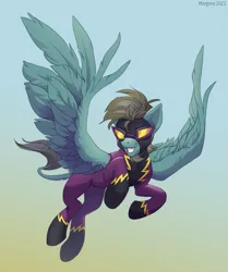 Size: 1001x1200 | Tagged: safe, artist:margony, derpibooru import, oc, unofficial characters only, pegasus, pony, beard, clothes, costume, facial hair, flying, goggles, gradient background, grin, image, leonine tail, male, png, shadowbolts, shadowbolts costume, smiling, solo, spread wings, stallion, tail, wings