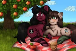 Size: 2400x1609 | Tagged: safe, artist:yumomochan, derpibooru import, oc, unofficial characters only, earth pony, pony, apple, apple tree, blushing, clothes, commission, date, ear fluff, female, food, hug, image, mare, oc x oc, picnic, picnic blanket, png, shipping, smiling, socks, striped socks, tree