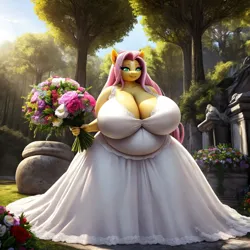 Size: 1024x1024 | Tagged: safe, ai content, derpibooru import, machine learning generated, stable diffusion, fluttershy, anthro, bbw, belly, big belly, big breasts, bouquet, breasts, busty fluttershy, cleavage, clothes, derpibooru exclusive, dress, fat, fattershy, flower, huge breasts, image, impossibly large breasts, long skirt, obese, outdoors, png, prompter:professordoctorc, skirt, ssbbw, wedding dress, white dress, wingless