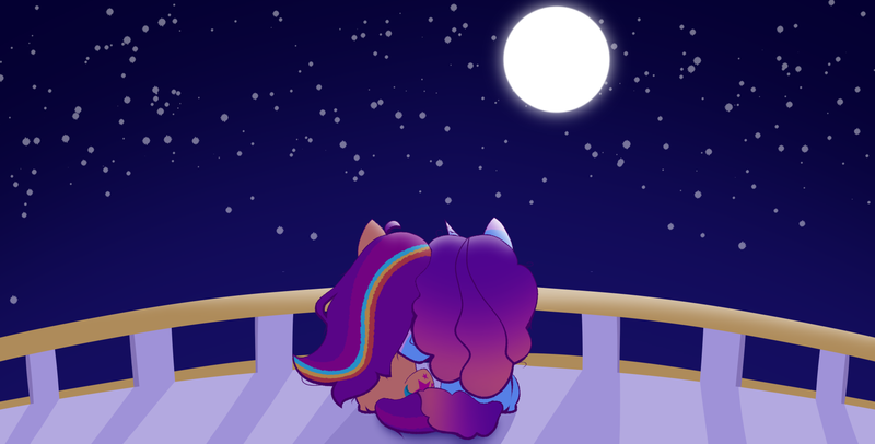 Size: 1760x894 | Tagged: safe, artist:k1ttygam3r, derpibooru import, sunny starscout, earth pony, pony, unicorn, g5, my little pony: tell your tale, balcony, cuddling, fanfic art, female, hug, image, lesbian, mare, misty brightdawn, mistystar, moon, night, night sky, png, rear view, shipping, sky, stargazing