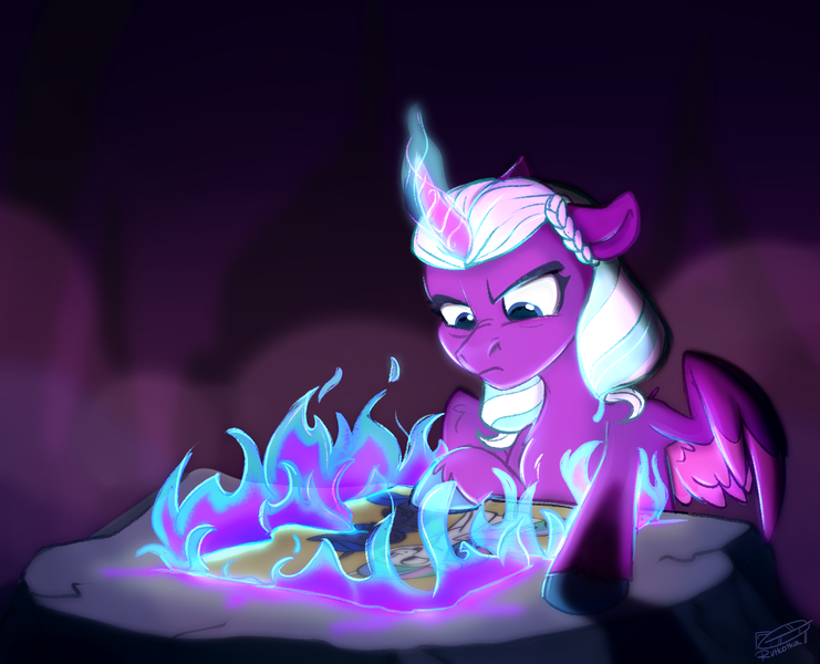 Size: 1310x1061 | Tagged: safe, artist:rutkotka, derpibooru import, princess celestia, princess luna, alicorn, pony, g5, envy, female, fire, g4, glow, glowing horn, horn, image, magic, magic aura, mare, opaline arcana, png, royal sisters, siblings, sisters, solo, spread wings, wings