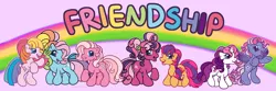 Size: 5700x1900 | Tagged: safe, artist:leopardsnaps, derpibooru import, cheerilee (g3), pinkie pie (g3), rainbow dash (g3), scootaloo (g3), starsong, sweetie belle (g3), toola roola, earth pony, pegasus, pony, unicorn, g3, bipedal, core seven, g3.5, group, image, looking at each other, looking at someone, multicolored hair, png, rainbow, raised hoof, simple background, smiling, smiling at each other, style emulation, toola-roola