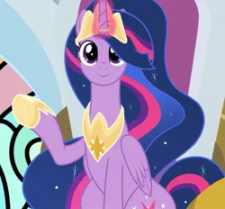 Size: 957x890 | Tagged: safe, artist:princess.book.horse.x, derpibooru import, twilight sparkle, twilight sparkle (alicorn), alicorn, pony, crown, ethereal mane, female, hoof shoes, image, jewelry, jpeg, looking at you, magic, magic aura, mare, older, older twilight, peytral, regalia, ring, solo, stained glass, throne, waving