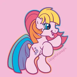Size: 1200x1200 | Tagged: safe, artist:leopardsnaps, derpibooru import, toola roola, earth pony, pony, g3, bipedal, g3.5, image, multicolored hair, png, rainbow hair, raised hoof, simple background, smiling, solo, style emulation