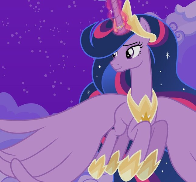 Size: 957x890 | Tagged: safe, artist:princess.book.horse.x, derpibooru import, twilight sparkle, twilight sparkle (alicorn), alicorn, pony, cloud, crown, ethereal mane, female, flying, hoof shoes, image, jewelry, jpeg, mare, missing cutie mark, night, older, older twilight, peytral, regalia, show accurate, solo, stars