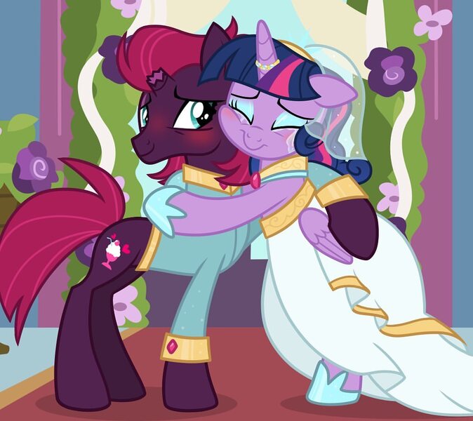 Size: 1019x907 | Tagged: safe, artist:princess.book.horse.x, derpibooru import, tempest shadow, twilight sparkle, twilight sparkle (alicorn), alicorn, unicorn, clothes, crying, dress, female, hoof shoes, hug, image, jewelry, jpeg, lesbian, marriage, mascara, ring, ship:tempestlight, shipping, suit, tears of joy, veil, wedding, wedding dress