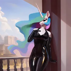 Size: 1229x1229 | Tagged: prompter needed, suggestive, ai content, derpibooru import, machine learning generated, stable diffusion, princess celestia, alicorn, anthro, balcony, building, city, clothes, day, generator:purplesmart.ai, gloves, image, jpeg, latex, latex gloves, latex suit, solo