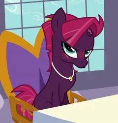 Size: 781x815 | Tagged: safe, artist:princess.book.horse.x, derpibooru import, tempest shadow, pony, unicorn, blank flank tempest, blushing, broken horn, chair, embarrassed, female, horn, image, jewelry, jpeg, mare, older, older tempest shadow, ring, scar, show accurate, sitting, solo, table, tsundere, window, wrinkles