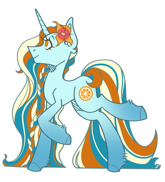 Size: 2408x2651 | Tagged: safe, artist:mitexcel, derpibooru import, oc, pony, unicorn, adoptable, beach themed, blue coat, cheap, cutie mark, female, flower, flower on ear, food, image, long mane, long tail, orange, orange eyes, png, pretty, solo, tail