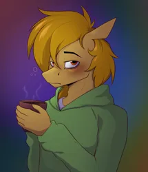 Size: 2489x2900 | Tagged: safe, artist:luxsimx, derpibooru import, oc, oc:dozer, anthro, earth pony, clothes, coffee, image, male, png, solo, sweater, tired