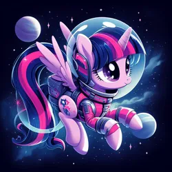 Size: 1024x1024 | Tagged: safe, ai content, derpibooru import, machine learning generated, twilight sparkle, twilight sparkle (alicorn), alicorn, pony, astronaut, female, g4, generator:bing image creator, generator:dall-e 3, image, jpeg, mare, solo, space, space helmet, spacesuit, spread wings, tail, wings