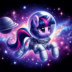 Size: 1024x1024 | Tagged: safe, ai content, derpibooru import, machine learning generated, twilight sparkle, pony, unicorn, astronaut, clothes, cutie mark, cutie mark on clothes, female, g4, generator:bing image creator, generator:dall-e 3, image, jpeg, mare, planet, solo, space, space helmet, spacesuit, tail, unicorn twilight