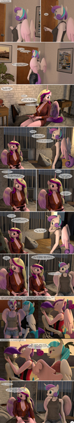 Size: 1440x8165 | Tagged: questionable, artist:spud, derpibooru import, princess cadance, princess flurry heart, oc, alicorn, anthro, comic:caught, 3d, angry, beanbag chair, bed, bedroom, black panties, black underwear, breasts, canon x oc, caught, clothes, comic, conversation, cup, door, embrace, female, g4, happy, holding, image, jpeg, kiss on the lips, kissing, knocking, looking at each other, looking at someone, looking down, male, nipples, nudity, on bed, painting, panties, picture frame, see-through, shipping, shocked, shocked expression, sitting, sitting on bed, smiling, source filmmaker, speech bubble, standing, straight, talking, underwear, unimpressed