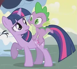 Size: 575x514 | Tagged: safe, derpibooru import, screencap, spike, twilight sparkle, dragon, pony, unicorn, season 1, winter wrap up, closed mouth, cropped, cute, duo, female, frown, g4, image, looking at each other, looking at someone, male, mare, open mouth, png, raised hoof, standing, turned head, twiabetes, unicorn twilight