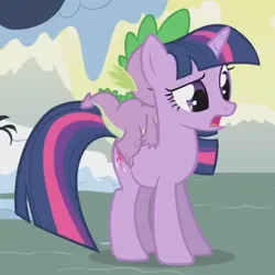 Size: 512x512 | Tagged: safe, derpibooru import, screencap, spike, twilight sparkle, dragon, pony, unicorn, season 1, winter wrap up, cropped, cute, duo, eyebrows, female, frown, g4, image, male, mare, open mouth, png, raised eyebrow, standing, twiabetes, unicorn twilight
