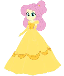 Size: 1280x1509 | Tagged: safe, artist:qsky, derpibooru import, fluttershy, human, equestria girls, alternate hairstyle, belle, clothes, dress, evening gloves, female, g4, gloves, gown, humanized, image, long gloves, png, princess costume, princess dress, smiling, solo, solo female
