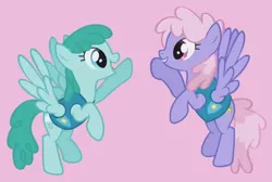 Size: 628x421 | Tagged: safe, derpibooru import, screencap, rainbowshine, spring melody, sprinkle medley, pegasus, pony, season 1, winter wrap up, cropped, duo, female, flying, g4, grin, high five, image, looking at each other, looking at someone, mare, open mouth, png, ponies standing next to each other, rainbowdorable, smiling, sprinklebetes, weather team, winter wrap up vest