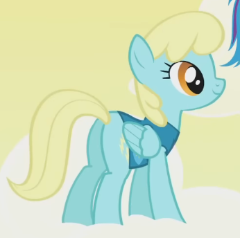 Size: 346x344 | Tagged: safe, derpibooru import, screencap, sassaflash, pegasus, pony, season 1, winter wrap up, cloud, cropped, female, folded wings, g4, image, mare, offscreen character, on a cloud, png, sassabetes, smiling, solo focus, standing on a cloud, weather team, wings, winter wrap up vest