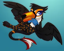 Size: 2048x1638 | Tagged: safe, artist:shelti, derpibooru import, oc, oc:tristão, unofficial characters only, bird, gryphon, toco toucan, toucan, beak, claws, commission, gradient background, image, jpeg, looking at you, male, open beak, open mouth, paw pads, paws, signature, solo, spots, spread wings, talons, toucan griffon, wings