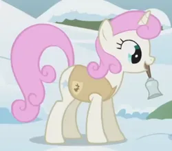 Size: 303x267 | Tagged: safe, derpibooru import, screencap, twinkleshine, pony, unicorn, season 1, winter wrap up, adorableshine, animal team, bell, cropped, cute, female, g4, image, mare, mouth hold, png, smiling, snow, standing, winter wrap up vest
