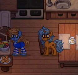 Size: 1370x1311 | Tagged: safe, derpibooru import, oc, oc:blue cookie, oc:krispy cookie, earth pony, pony, unicorn, pony town, cake, candle, clothes, cookie, earth pony oc, food, fruit, horn, image, jpeg, pajamas, pixel art, sink, stove, table, unicorn oc