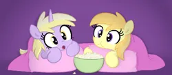 Size: 469x206 | Tagged: safe, artist:algoatall, ponerpics import, dinky hooves, noi, earth pony, pony, unicorn, :o, blanket, bowl, cute, eating, female, filly, food, image, open mouth, pillow, png, popcorn, watching tv