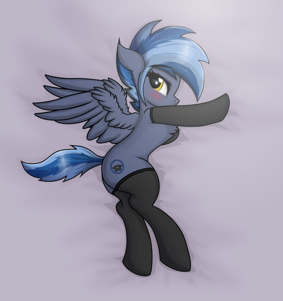 Size: 1668x1772 | Tagged: safe, artist:maxiclouds, derpibooru import, oc, oc:pixi feather, unofficial characters only, pegasus, pony, bedsheets, black socks, blushing, chest fluff, clothes, cutie mark, eyelashes, image, looking at you, pegasus oc, png, socks, spread wings, stockings, thigh highs, wings, yellow eyes