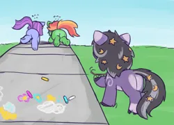 Size: 1245x894 | Tagged: safe, artist:rivibaes, derpibooru import, oc, oc:amaranth, oc:rivibaes, oc:zesty, insect, pegasus, pony, unicorn, chalk, female, filly, foal, image, png, running away, sad